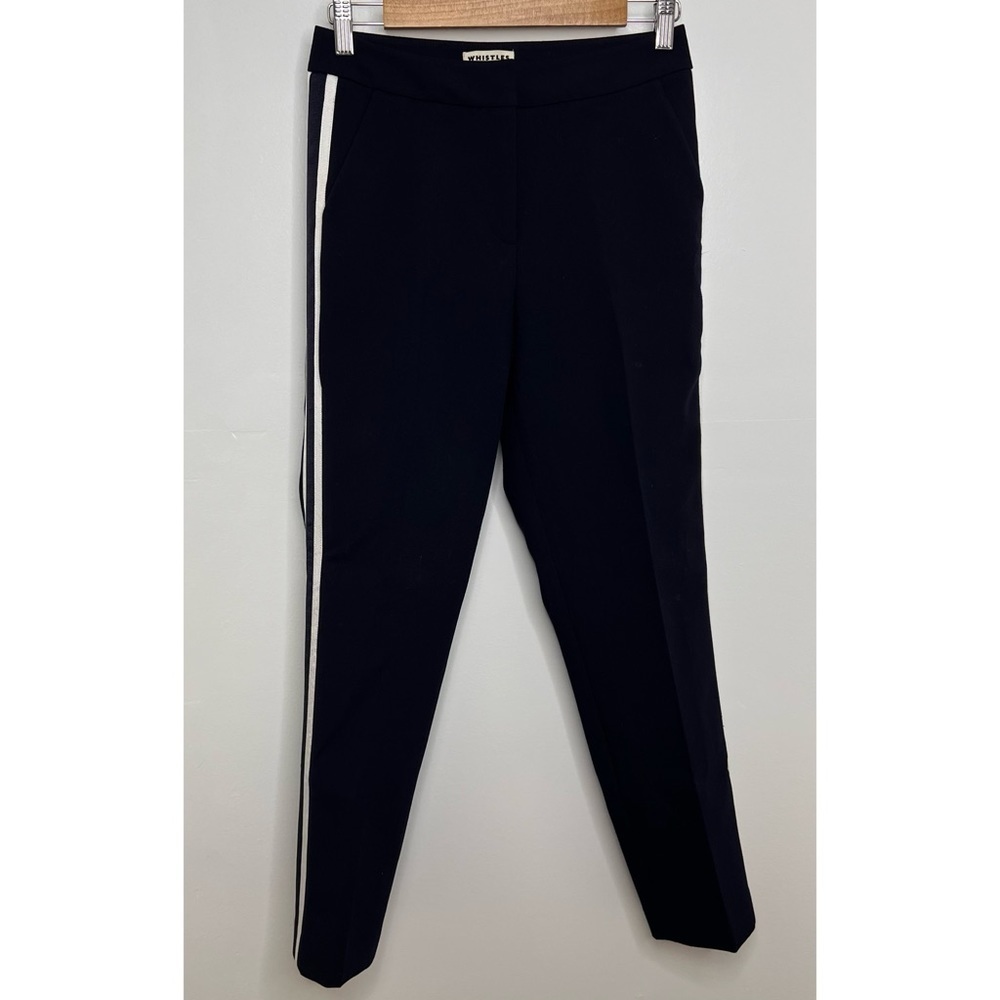 WHISTLES Navy Blue Slim Fit Side Pin Stripe Pants